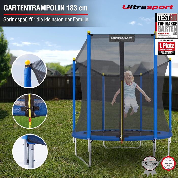 Батут Ultrasport Uni-Jump для дітей на відкритому повітрі Ø 140/183/244/305/366/460 см, до 150 кг. Комплект: сітка, захисний борт, монтажний набір. Можливе використання в приміщенні.