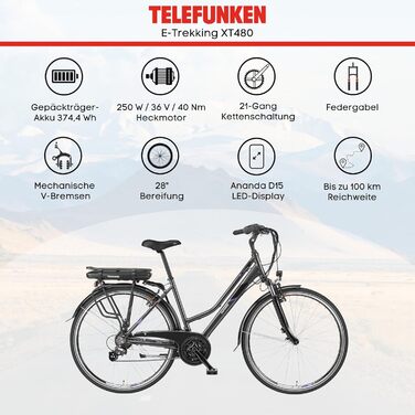 Електровелосипед TELEFUNKEN 28'' для жінок і чоловіків, трекінговий, 21-швидкісний, 250 Вт задній мотор, акумулятор 374,4 Вт·год, Expedition XT480/XT481