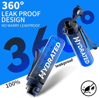 Спортивна пляшка для води 1л Tritan без BPA з маркуванням часу, 1000 мл, чорно-синя