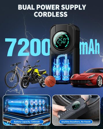 Електрична велосипедна помпа VICKSONGS 7200mAh, компресор 180 PSI, портативний, акумуляторна, для авто, мотоцикла, велосипеда, баскетбольних м'ячів