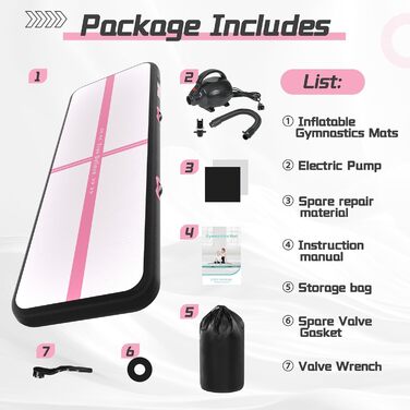 Надувна гімнастична мат для тренувань з насосом, 10.2-15.2 см товщина, для челідингу/йоги/паркуру/пляжу/парку/води (чорний/рожевий, 3м*1м*0.1м)