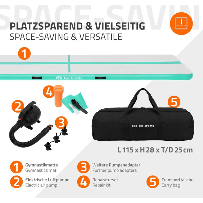 Гімнастичний мат Airtrack ECD Germany для тумблінгу та фітнесу, надувний мат для гімнастики 500x100x10 см, м'ятно-зелений, з електричним насосом та сумкою