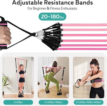 Pilates Bar WenYa з гумовими стрічками для фітнесу, 82 кг (рожевий) + кріплення для дверей та ремінці на щиколотки. Пілатес, йога, домашні тренування.