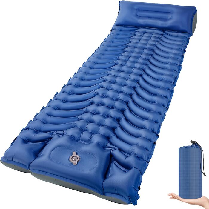 Килимок для кемпінгу MEIJO Isomatte самонадувний, ультралегкий з насосом, товстий для відпочинку на природі, намету, пляжу, блакитний & сірий