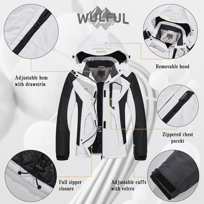 Жіноча водонепроникна куртка WULFUL для сноубордингу та катання на лижах, зимова куртка з відстібаною капюшоном, білий та чорний колір