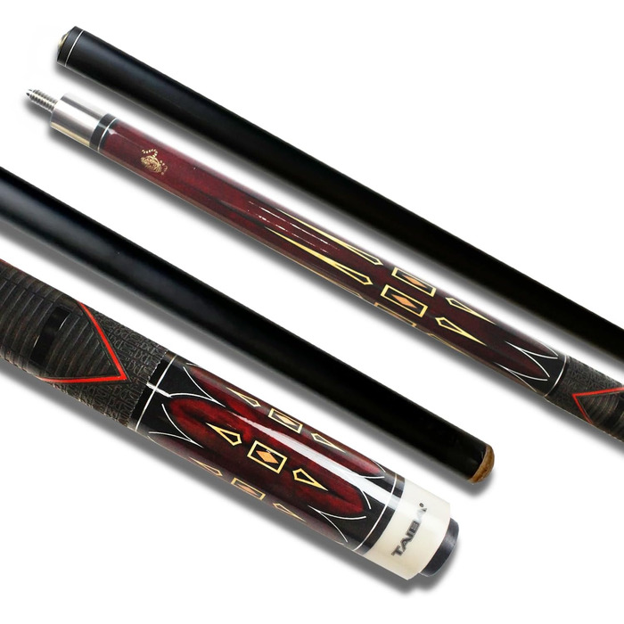 Більярдний кий TaiBa 2-частинний з ручкою з натуральної шкіри, канадський клен, 147.3 см, з муфтою, наконечник 13 мм, сталь, 19-21 oz, коричневий, винно-червоний, королівський синій