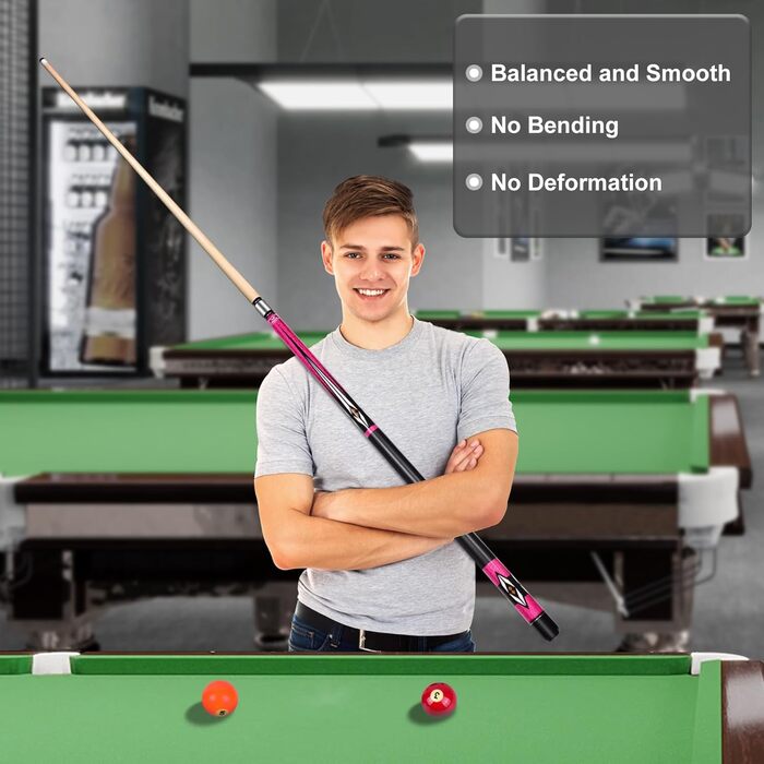 Pool-Queue Vonezone: Професійний кий для більярду з жорстким кейсом, 147.3 см, рожевий/помаранчевий/зелений