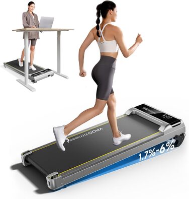 Walking Pad YPOO з регулюванням нахилу, 1-6 км/год: компактне бігове полотно для дому та офісу, до 140 кг, тихе, з LED-дисплеєм, пультом та APP, срібне