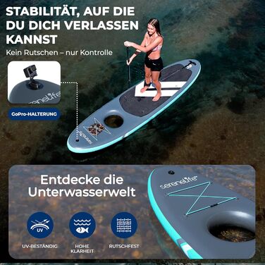 SUP дошка SereneLife надувна з вікном та тримачем для GoPro, 305 x 81 см. Комплект для Stand Up Paddling. Стабільна, нековзка, для підлітків та дорослих