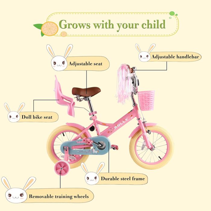 Дитяче велосипед RULLY 16 дюймів для дівчаток 2-7 років з додатковими колесами та ручним гальмом, з кошиком, стрічками, іграшковий велосипед (Рожевий)