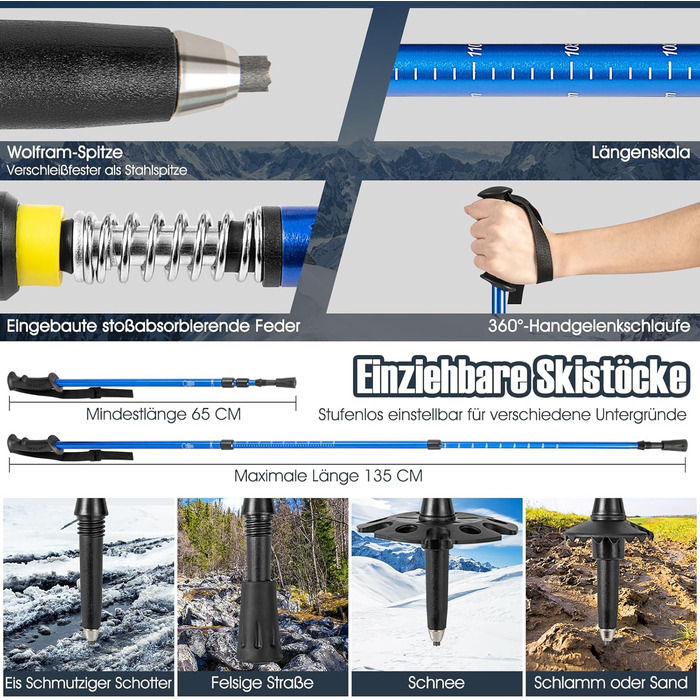 Снігоступи COSTWAY 53/63/78 см з підйомною платформою, алюмінієві, для дітей та дорослих, розмір взуття 35-45, комплект 4-в-1 з сумкою, до 130 кг, 53 см, сині