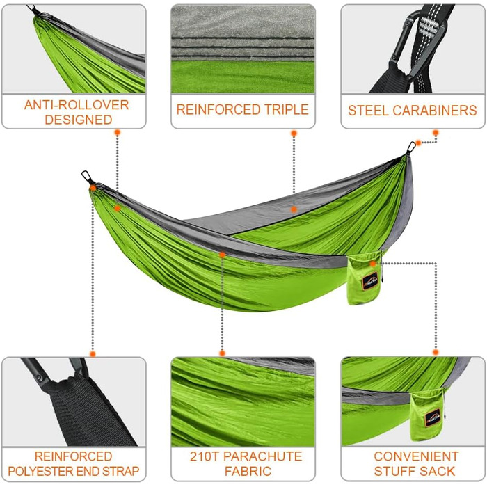Гамак Anortrek Outdoor для 2 осіб, 300x200 см, до 249 кг, Ultraleicht, з ременями для дерев, дихаючий нейлон, для кемпінгу, подорожей, пікніків, садівництва, зелено-сірий