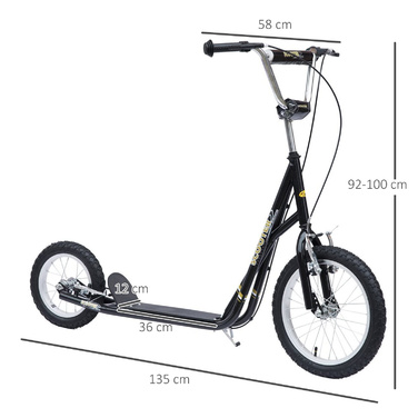 Дитячий самокат HOMCOM 16 дюймовий самокат Kick Scooter з гальмами для дітей від 5 років, кікборд чорний 135x58x92-100 см