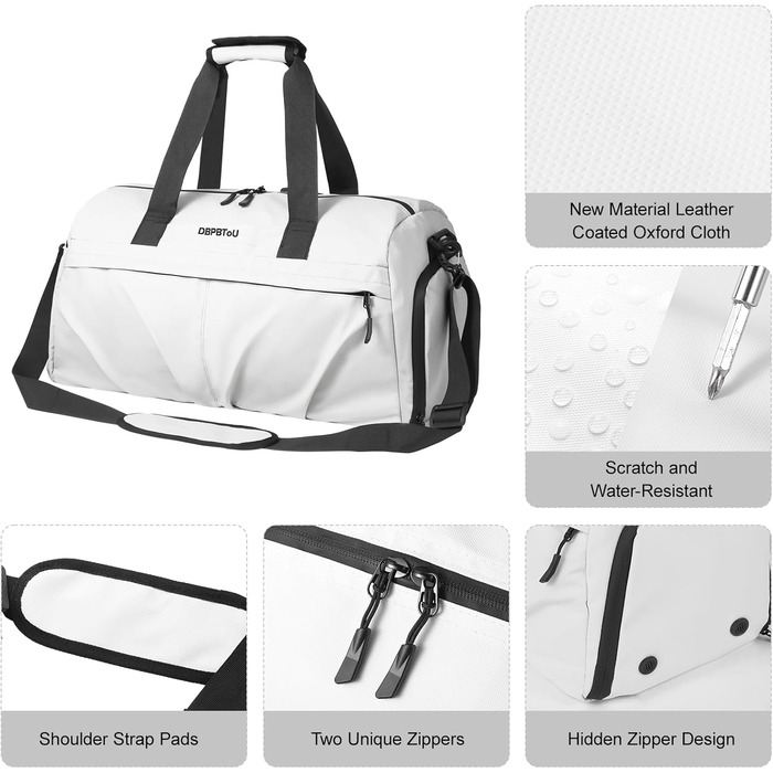 Спортивна сумка для жінок та чоловіків з жорстким матеріалом, дорожня сумка з відділенням для взуття, дві вентиляційні отвори та відділення для мокрого одягу, водонепроникна сумка-вікендер, спортивна сумка/сумка для плавання/сауни (Зелена) (Перлове білий)