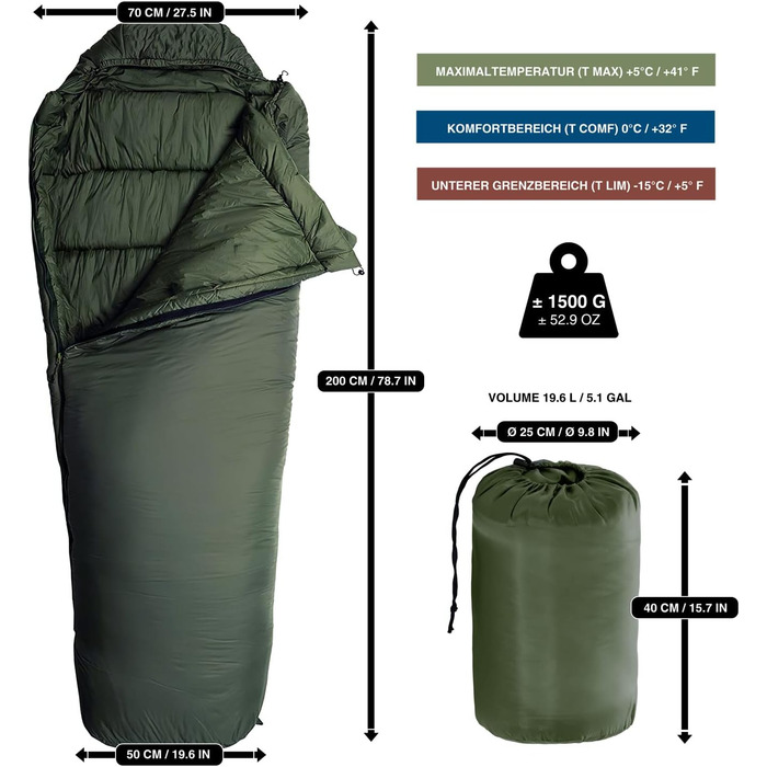Спальний мішок LightDry® Mumien Thermo 3-сезонний з мікрофібри до -13°C; Легкий, компактний, теплий (Оливковий)