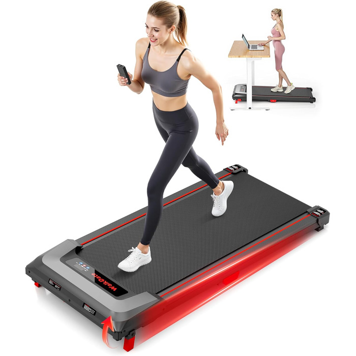 Біговий доріжка з нахилом 5%, компактна під стіл для дому та офісу, портативна бігове обладнання з LED дисплеєм, пульт дистанційного керування, вантажопідйомність 150 кг, 2.5HP, тихий двигун, чорний
