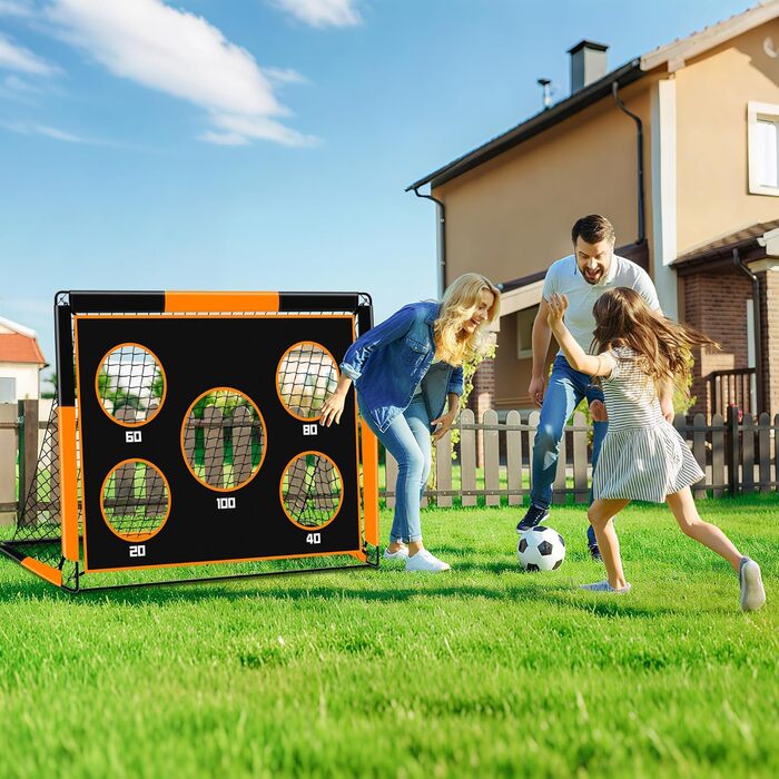 Дитячі воріта для футболу 2-в-1, 150х120 см, портативні та стабільні, з 5 зонами для забивання, 4 кілочки для кріплення та сумка для перенесення, для саду, парку, пляжу, оранжеві
