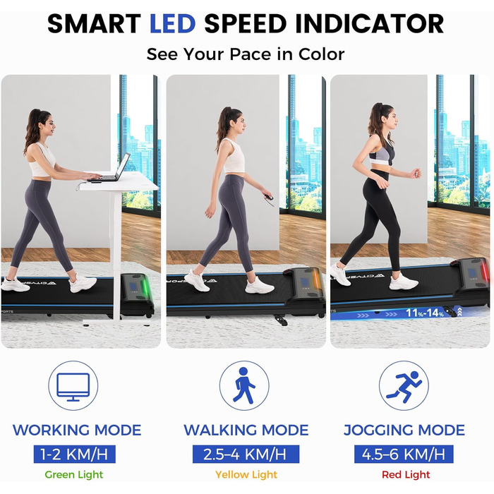 CITYSPORTS Біговий тренажер з регулюванням нахилу, Walking Pad з LED-дисплеєм та світловим ефектом, 1-6 км/год, для дому та офісу, з пультом керування (Blue)
