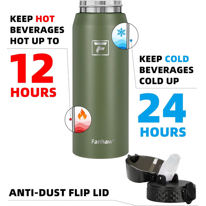 Фанав 600 мл, ізольована спортивна пляшка для води з трубочкою з нержавіючої сталі для школи, дітей, чоловіків та жінок (зелений)