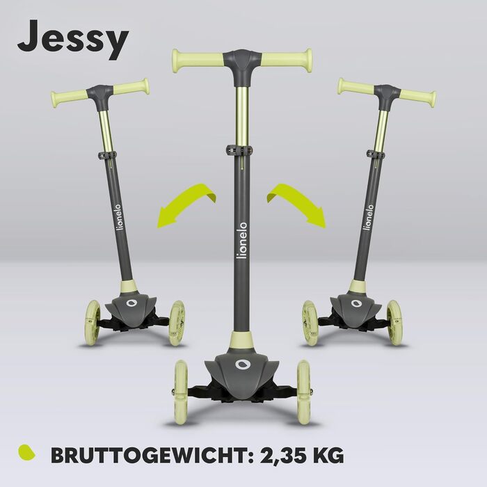 Дитячий триколісний самокат LIONELO Jessy Premium з LED-підсвіткою коліс, регулюванням висоти та складаним корпусом, зелений (до 50 кг, для дітей від 3 років)