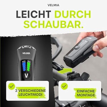Велофара Velmia: комплект ліхтарів StVZO з USB-живленням та 8,5 годин роботи | LED, водонепроникний, перезаряджається | Фронтальний + задній ліхтар (70 Lux)