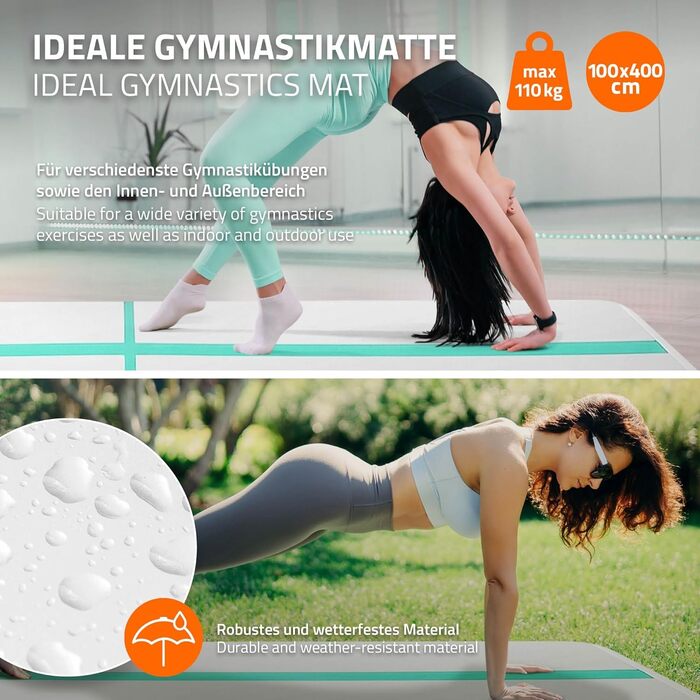 Гимнастичний мат Airtrack ECD Germany для тумблінгу та фітнесу, надувний мат для спорту та йоги з електричним насосом та сумкою, м'ятно-зелений (400 x 100 x 10 см)