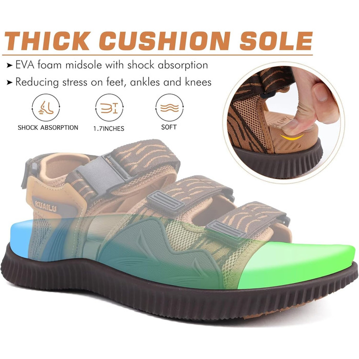 Чоловічі трекінгові сандалії KuaiLu: зручні, ортопедичні, для підтримки стопи при фасціїтусі, для активного відпочинку, літні, легкі, з відкритими пальцями, з регульованою застібкою-липучкою, розмір 48 EU, хакі-коричневі