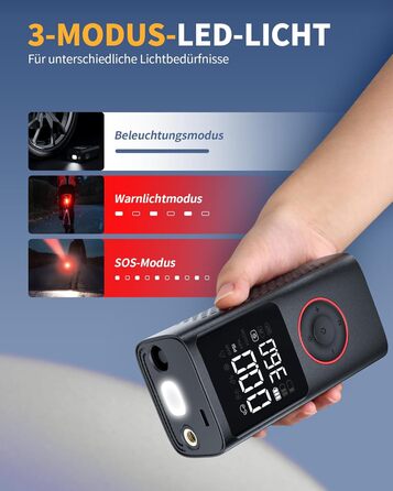 Бездротова електрична повітряна помпа Powools 150PSI з LED-ліхтариком та автостопом, акумуляторна помпа для велосипеда, електровелосипеда, авто, мотоцикла, м'ячів, чорна