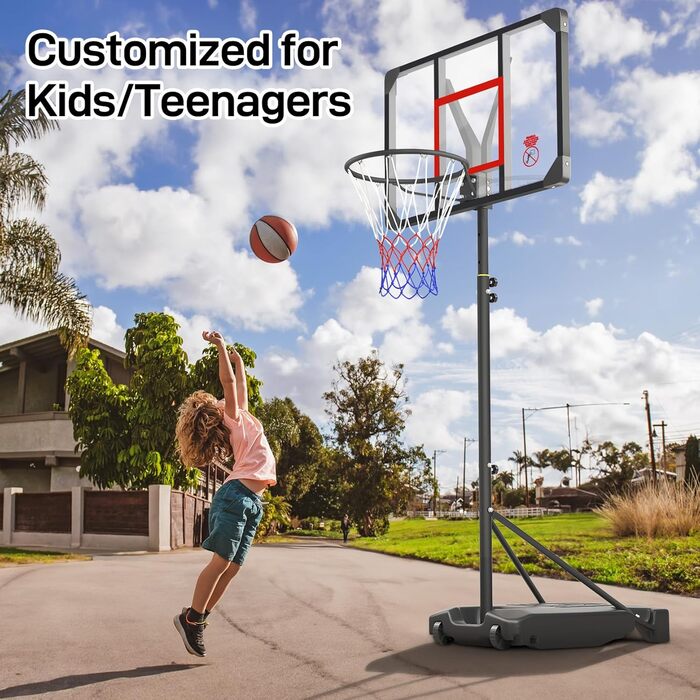 Баскетбольний кошик вуличний дитячий/підлітковий на колесах, регульована висота 147-260 см, з полікарбонатною щитом 82x53 см та розширеною основою, чорно-червоний