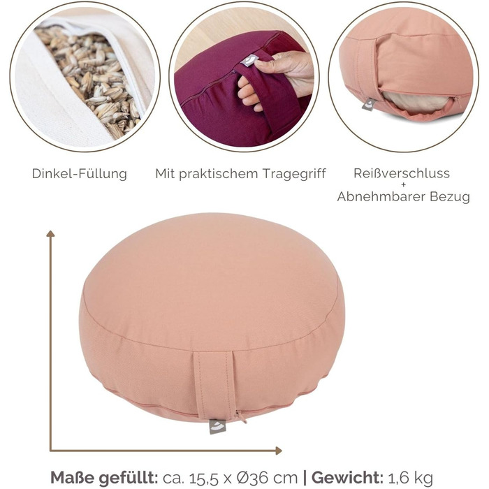 Подушка для медитації Bodhi Rondo ECO Extra Flat (Рожева) - Зі 100% бавовни, наповнювач з органічної спельти, висота 15.5 см, з ручкою для перенесення, зносостійка