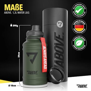 Сталева термофляга ABOVE 1.3L/2.2L – BPA-free, без витоку, міцна – 2L металева фляга з додатковим клапаном для спорту, фітнесу та відпочинку на природі. Якісна подарункова коробка (Оливковий, 1300 мл)