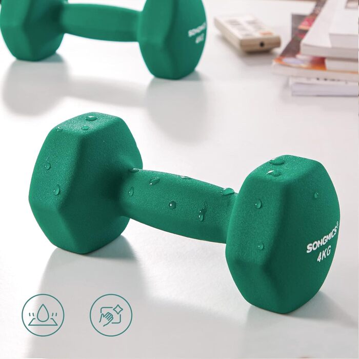 Гантелі SONGMICS, набір 4 шт, 2×4 кг і 2×5 кг, для силових тренувань вдома, в офісі чи спортзалі, чорні та зелені