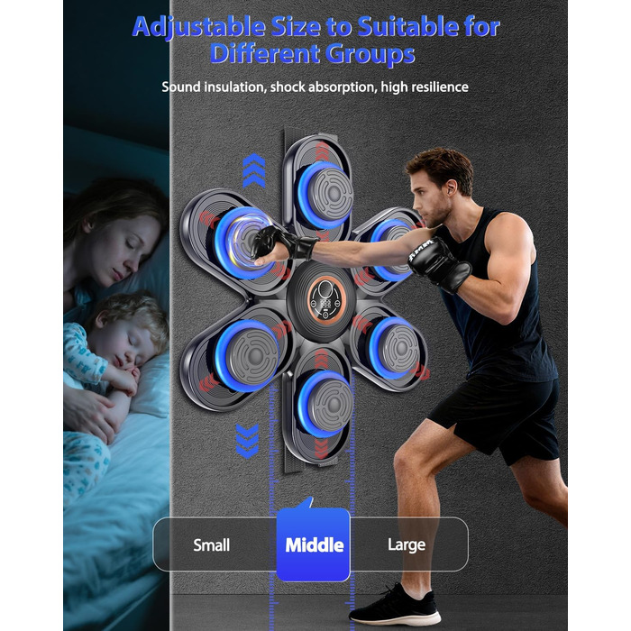 Музична боксерська машина з LED-підсвіткою та Bluetooth, 3 рівня регулювання розміру, 9 режимів швидкості та тренувань, лічильник ударів, для дорослих та дітей