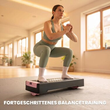 Регульована aerobic-платформа для фітнесу (2 рівні: 11/16 см) з 2 еспандерами та антиковзаним килимком, рожева