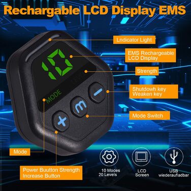 EMS тренажер для пресу UIHOL, електростимулятор м'язів з LCD, USB акумулятор, 10 режимів, 20 рівнів інтенсивності, для жінок і чоловіків, синій