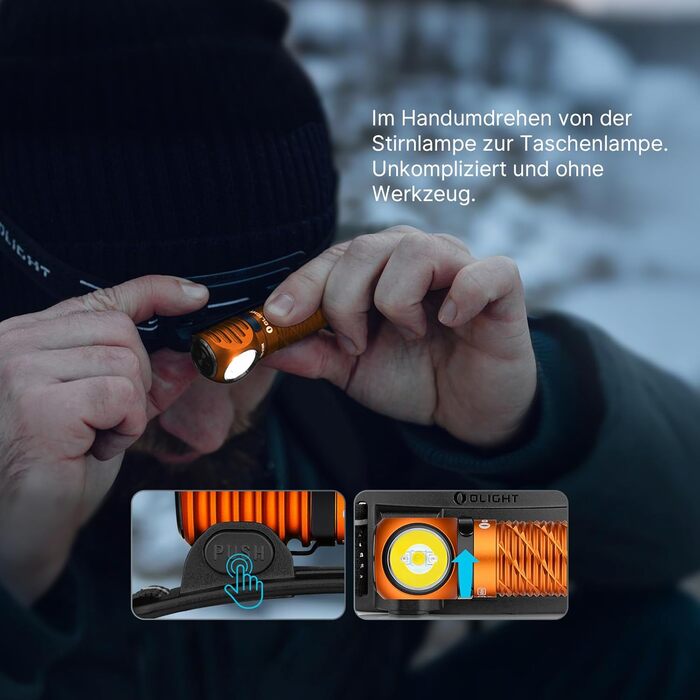 Ліхтар налобний Olight Perun 3 Mini LED, 920 люмен, перезаряджається, з червоним світлом, 8 режимів, IPX8, для активного відпочинку, риболовлі, чорний (оранжевий)