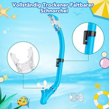 Набір для снорклінгу для дітей з ластами, маска з панорамним оглядом 180°, регульовані ласти, високоякісна маска та сухий снорк. для плавання (небесно-блакитний)