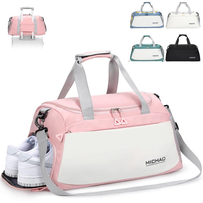 Спортивна сумка для подорожей жіноча та чоловіча з відділенням для взуття та вологих речей, водонепроникна дорожня сумка (48x23x27 см), Біло-рожева
