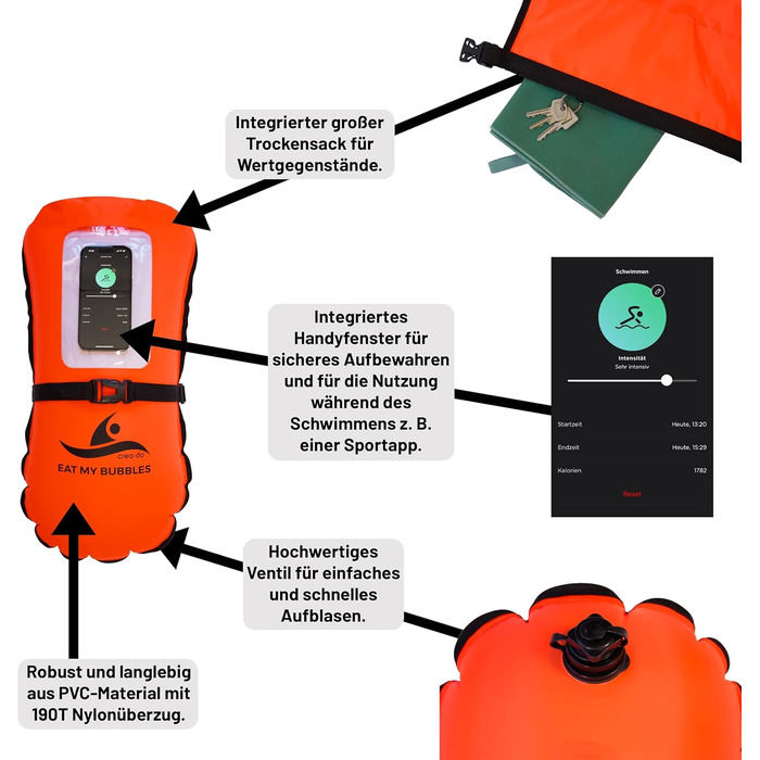 Надувна плавуча шийка Crea-Do для дорослих з мішком для сухого зберігання, кишенькою для телефону та сигнальним свистком. Об'єм 28L. Безпечне плавання у відкритій воді, триатлон, снорклінг, водні види спорту.