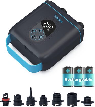 Електричний насос для SUP, каяк, човен: TOPUMP 20PSI TPS260, акумулятор, авто-вимкнення, накачування/здування, Type-C, блакитний