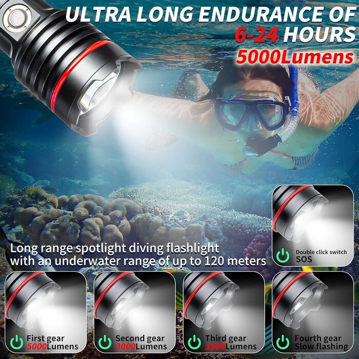 Ліхтар для дайвінгу LetonPower 2000 Lumen, 100м водонепроникний, з акумулятором Type-C, для дайвінгу та відпочинку на природі (Sm-26s)