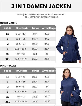 Жіноча зимова куртка 3-в-1 з флісовою підкладкою та водонепроникною вітрозахисною курткою, знімний капюшон (Синій, XXL)