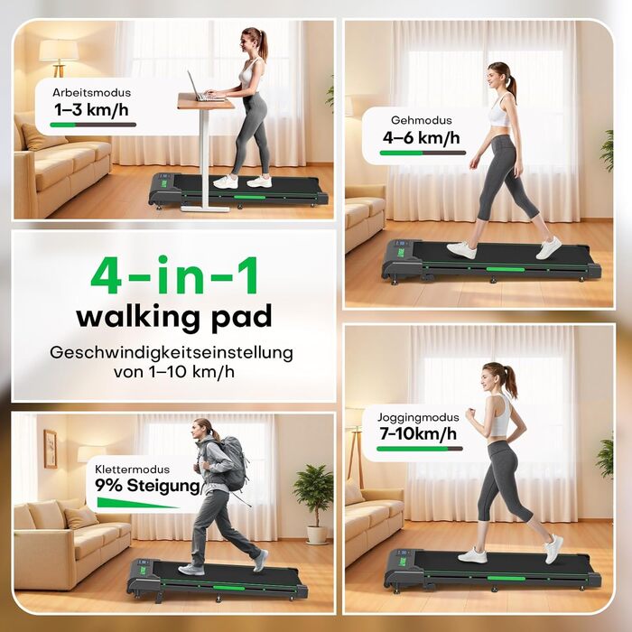 Walking Pad - біговий доріжки для дому з регулюванням нахилу до 9%, потужність 2.5HP, LED-дисплей, пульт дистанційного керування, 12 програм, подвійне амортизація, до 150 кг, чорно-зелений