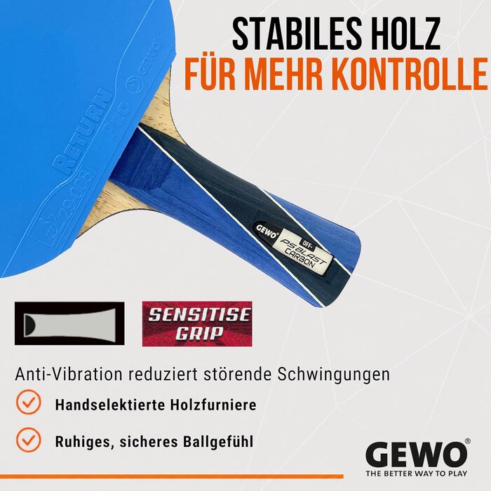 Ракетка для настільного тенісу GEWO PS Blast Carbon ITTF: Професійна карбонова ракетка з гумою GEWO Return Pro, швидка, з високим обертанням, 1.8 мм губка