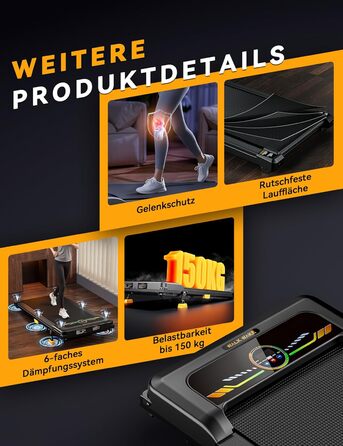 Біговий тренажер з нахилом 10%, Компактний біговий стіл для дому та офісу, Walking Pad, вантажопідйомність 150 кг, 2.5HP тихий мотор, портативна бігова доріжка з пультом керування 1-6 км/год, жовтий