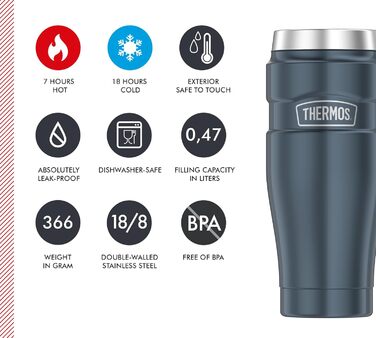 Термос STAINLESS KING з нержавіючої сталі, блакитний, 0,47л - термокружка Coffee to Go, абсолютно герметична, придатна для миття в посудомийній машині, 7 год гаряча & 18 год холодна, з гачком для пакетиків чаю, без BPA (Ice Grey Polished)