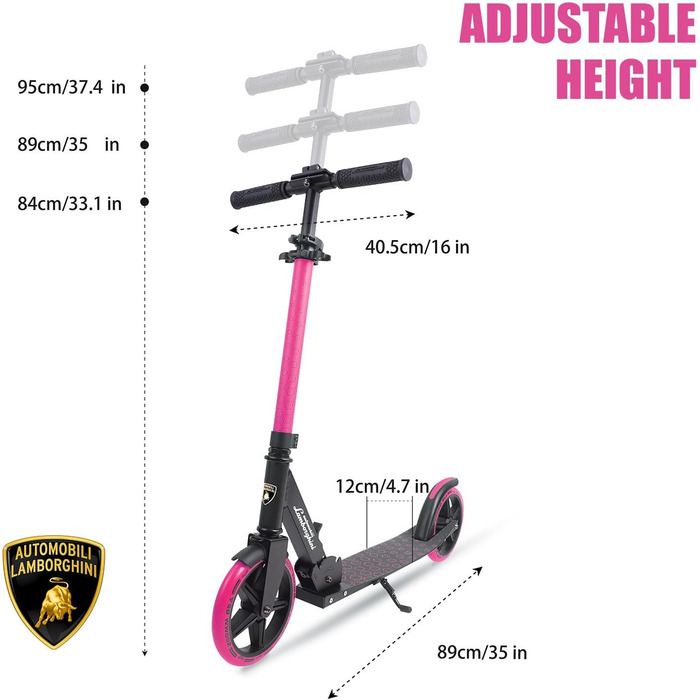 Самокат трюковий Lamborghini Cityroller рожевий, складаний, з регульованою висотою, для дітей та дорослих до 100 кг, з підніжкою та заднім гальмом