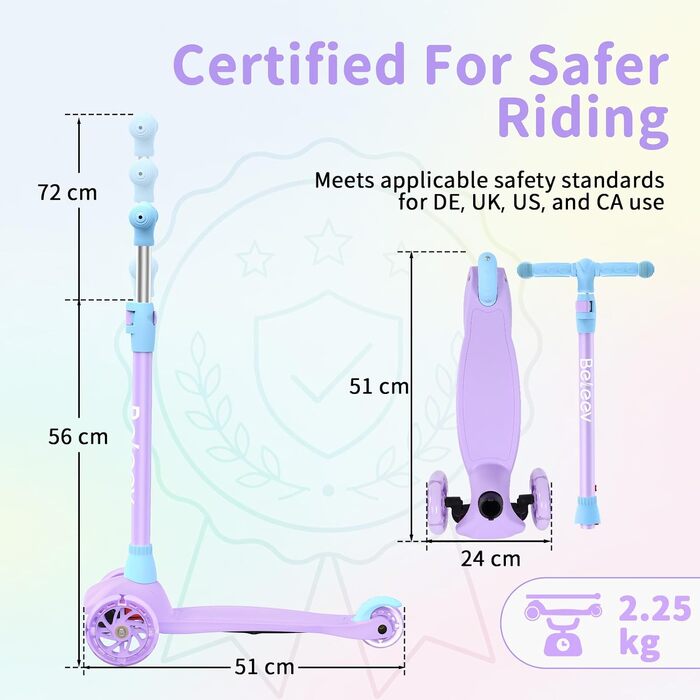 Дитячий самокат BELEEV з LED-підсвіткою коліс для дітей від 2 до 6 років, 3-колісний, регульована висота, Lean-to-Steer, до 50 кг, синьо-фіолетовий