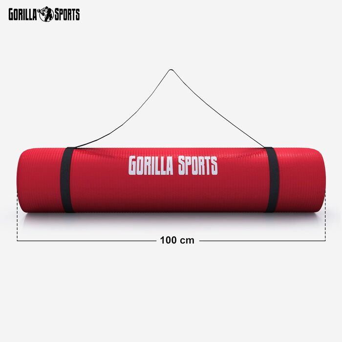 Килимок для йоги та фітнесу GORILLA SPORTS, 190x100x1,5 см, червоний, нековзкий, без фталатів, з ременем для перенесення