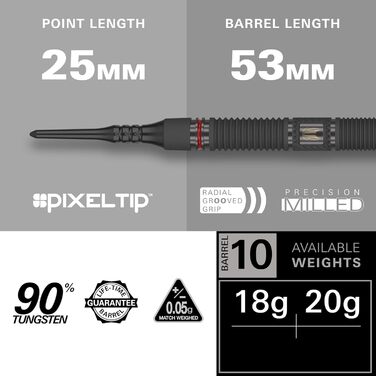 Набір електронних дартс Target Darts Scope Softdarts, 90% вольфрам, червоні та чорні дартси з Pixel-наконечниками, ваги 18/19/20/21 г